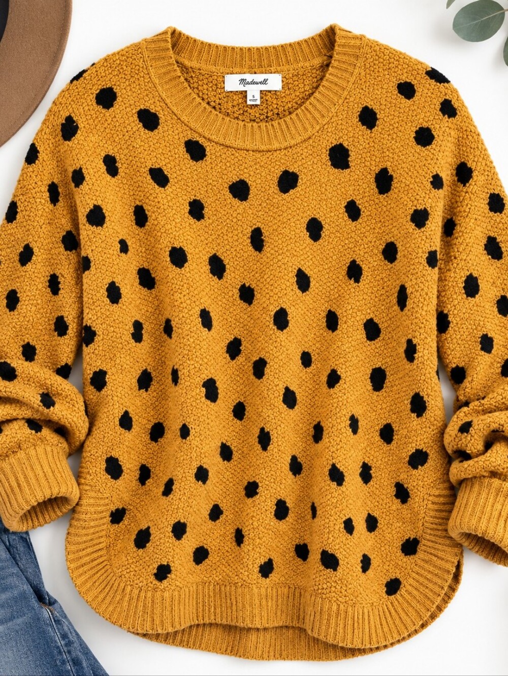 Madewell Small Mustard Black Spotted 100% Cotton Knit Sweater Side Slit